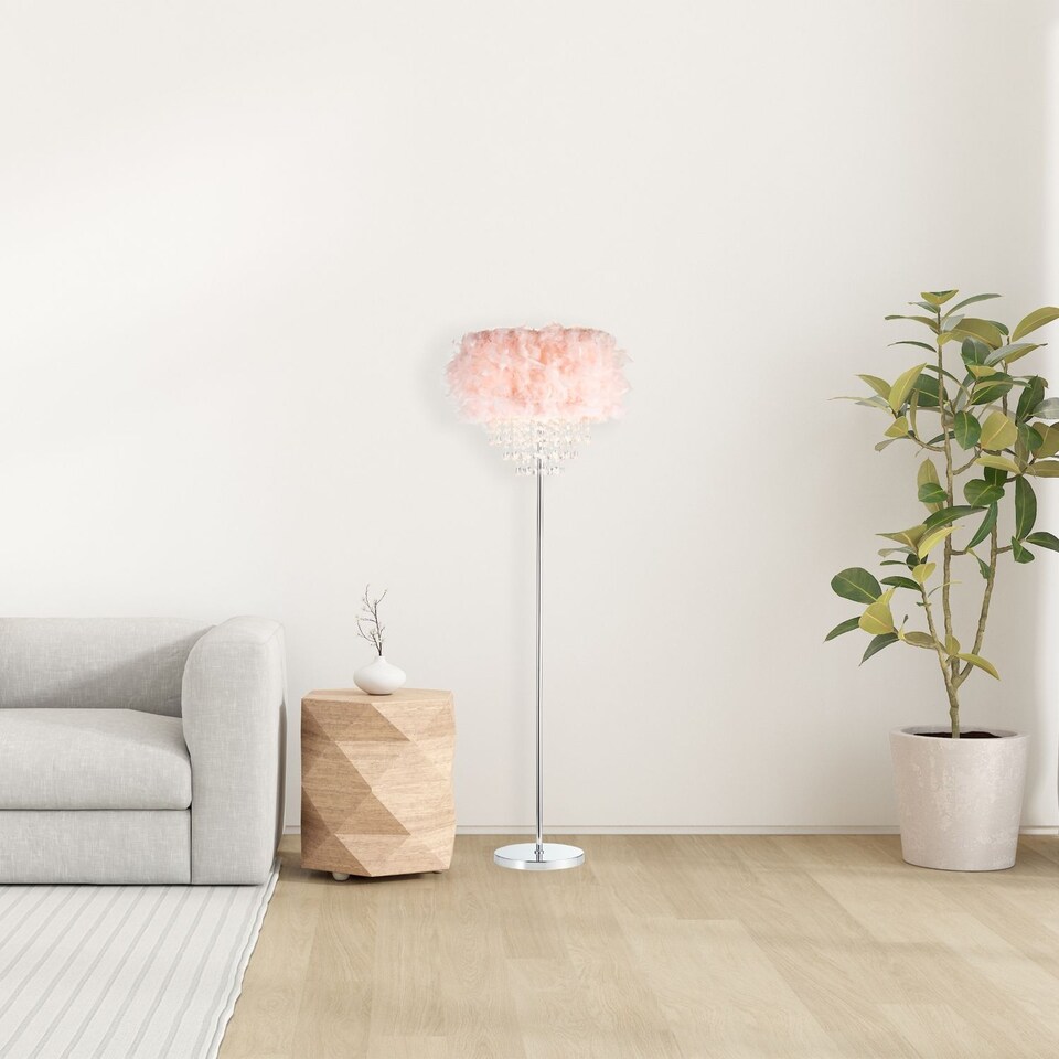 image 1 of Modern Chandelier Style Pink Feather Floor Lamp with Waterfall Acrylic Droplets | Pink | Pink | 1