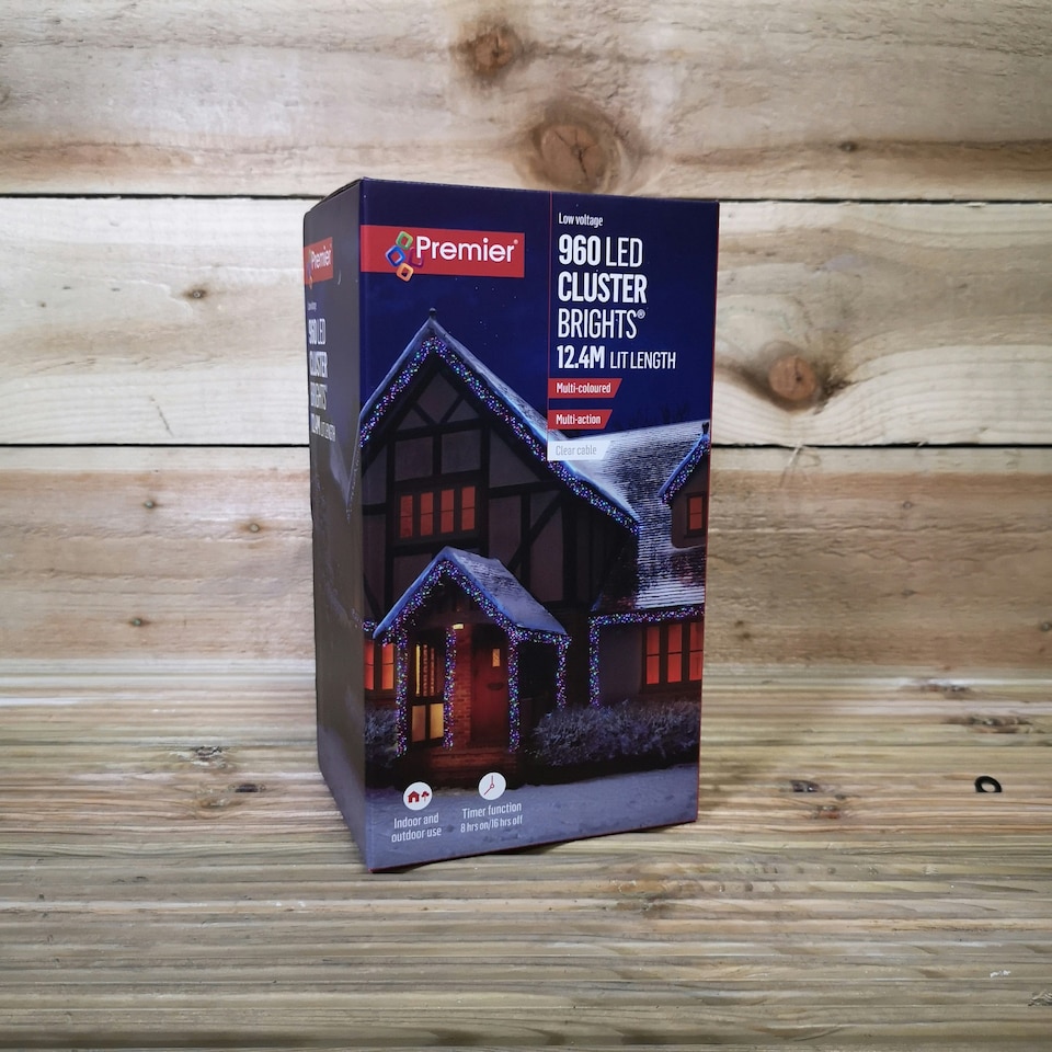 image 1 of 960 LED 12m Premier Cluster Indoor Outdoor Multi Function Mains Operated Christmas Lights with Timer on Clear Cable in Multicoloured