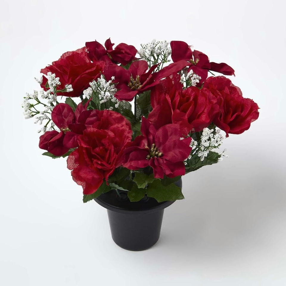 image 1 of Homescapes Artificial Poinsettia and Rose Flowers in Pot, Artificial Flower Bouquet