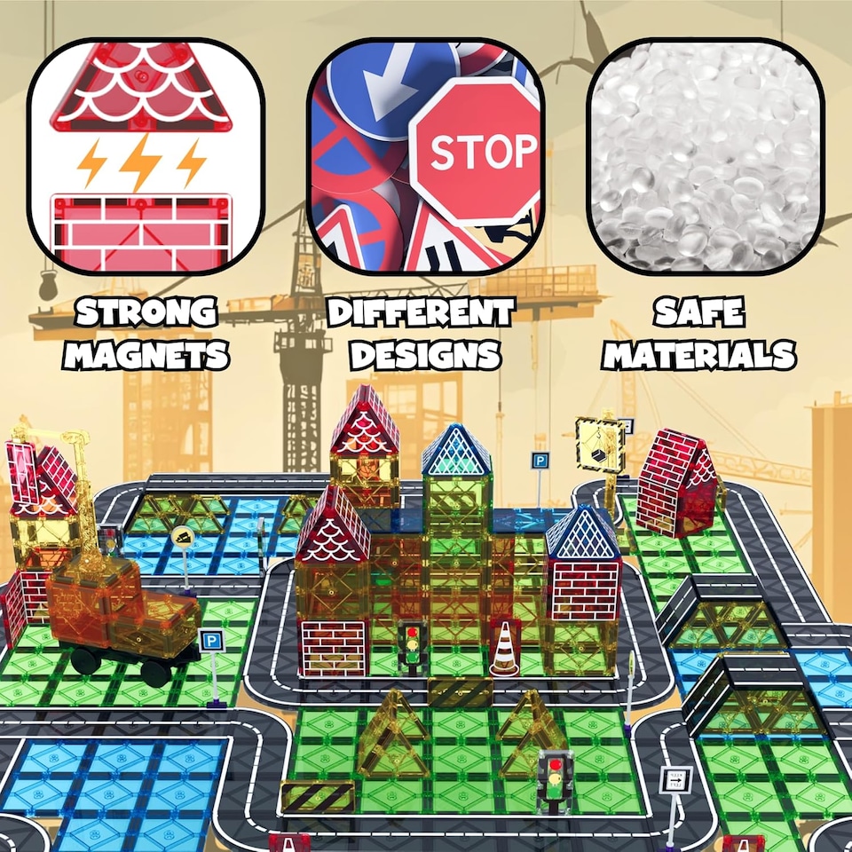 image 1 of Desire Deluxe Magnetic Building Tiles Road Blocks - Magnet Crane Car Set for Kids, Educational Preschool STEM Learning Montessori Construction Toddler Toy for Boys & Girls 3+ Year