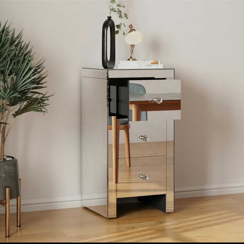 image 1 of Large 2 Drawer Mirrored Bedside Table with Crystal Handles