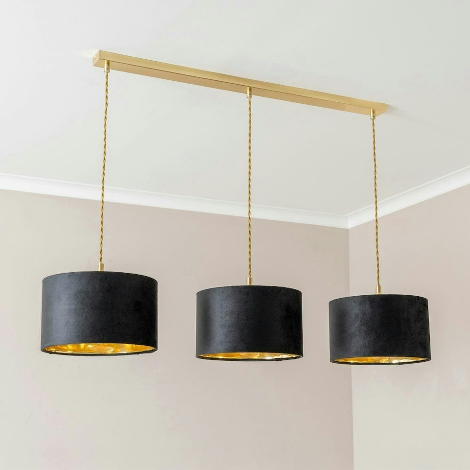 image 1 of ValueLights Reni Black Velvet & Gold Shade 3 Drop Bar Gold Diner Ceiling Light and LED Bulbs Gold