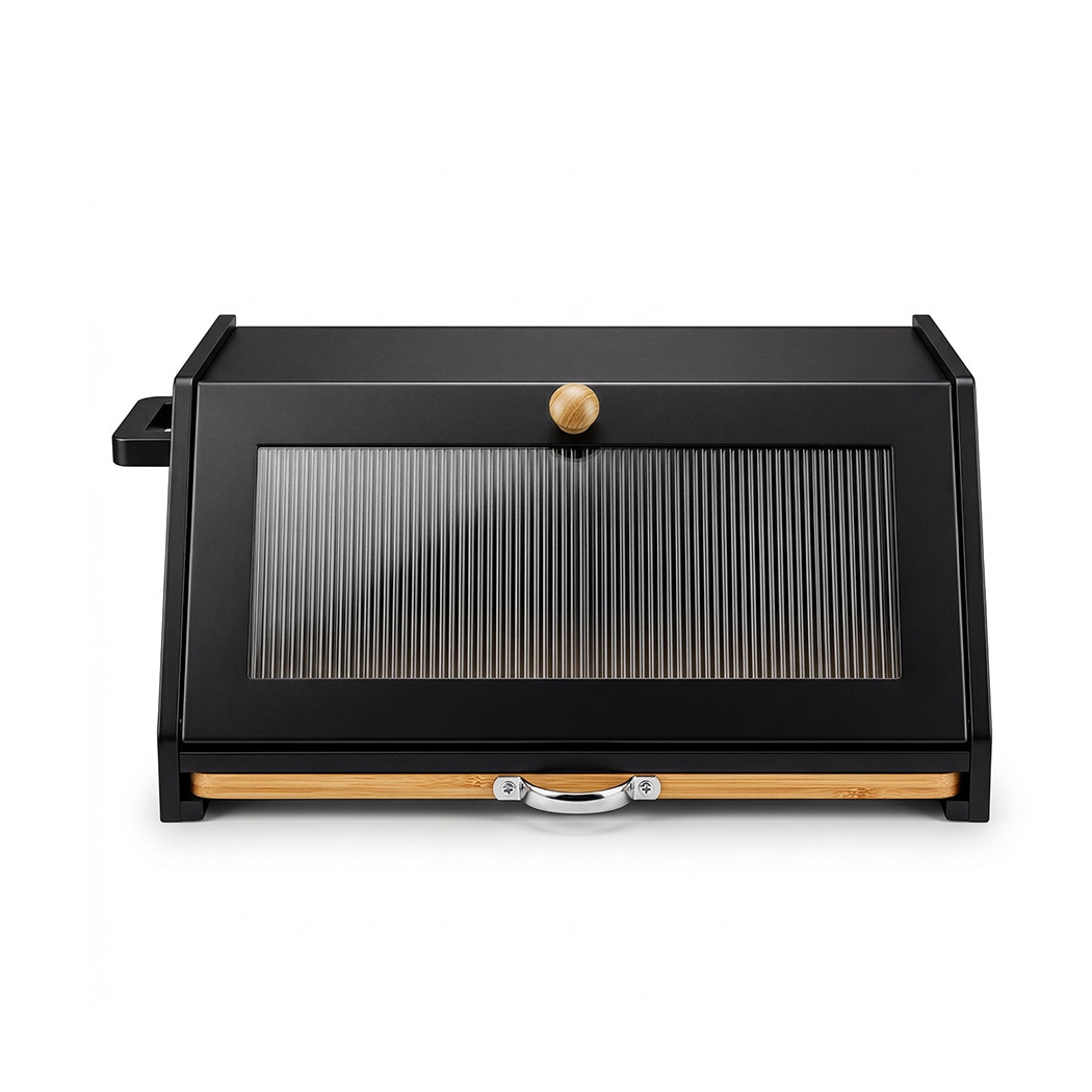 TOQUE Bread Box, Wooden Bread Bin 2-Tier Bamboo Bread Storage Holder, Black