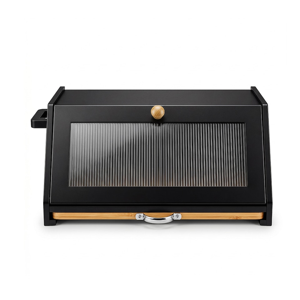 image 1 of TOQUE Bread Box, Wooden Bread Bin 2-Tier Bamboo Bread Storage Holder, Black