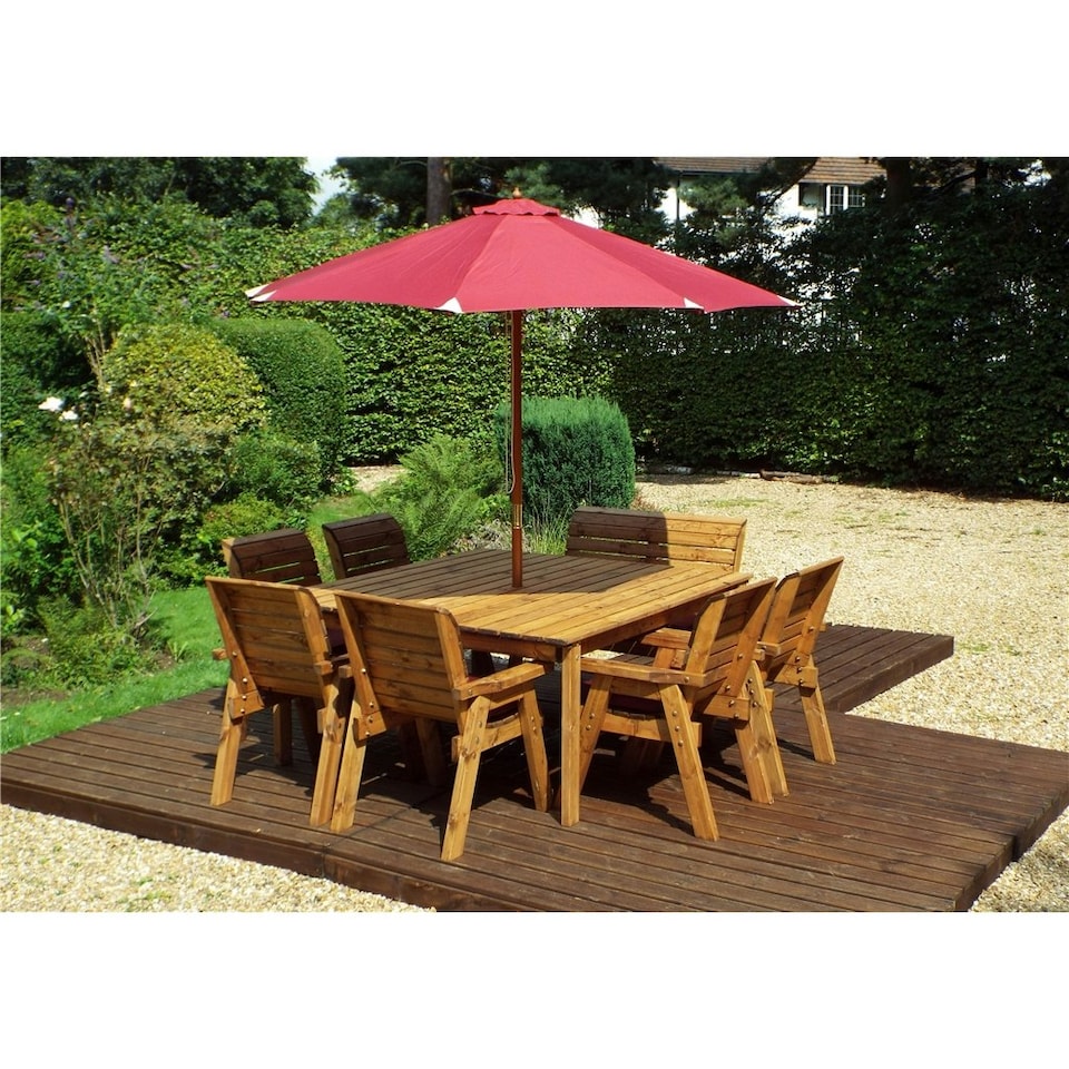 image 1 of Traditional Eight Seater Table Set with 6 x Chair Cushion, 1 x Bench Cushion, 1 x Burgundy Parasol & Base & Cushion Storage Bag