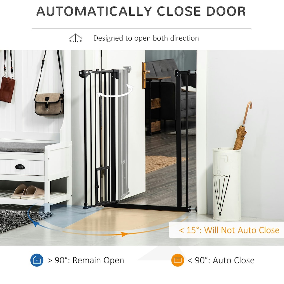 image 1 of PawHut Extra Tall Dog Gate with Cat Door Auto Close for Stairs 74-80 cm Wide