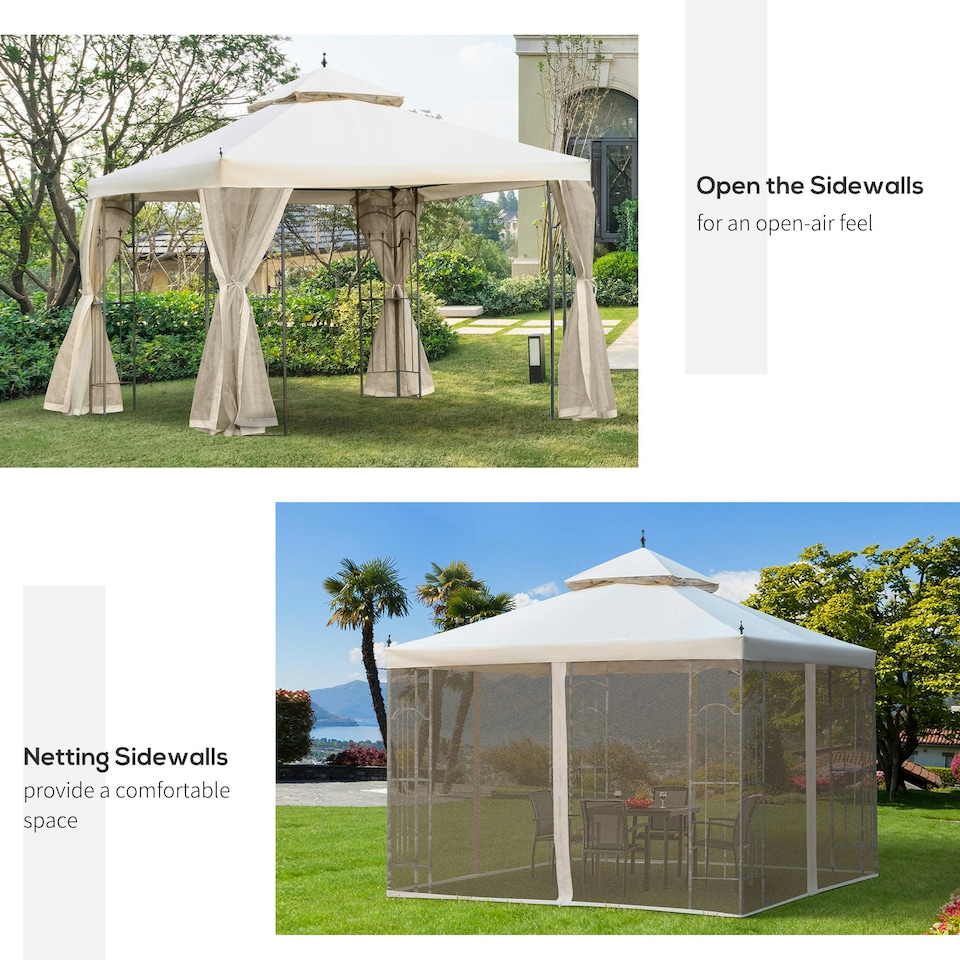 image 1 of Outsunny 3 x 3(m) Garden Gazebo Double Top Gazebo Canopy w/ Mesh Cream White