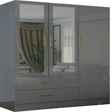 Modern 3-Door High Gloss Wardrobe with Dual Mirrors, Gold Accent Handles, Drawers & Shelves-116cm Wide Grey | Grey116cm