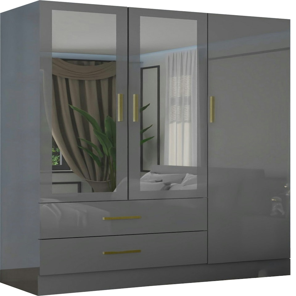 image 1 of Modern 3-Door High Gloss Wardrobe with Dual Mirrors, Gold Accent Handles, Drawers & Shelves-116cm Wide Grey | Grey116cm