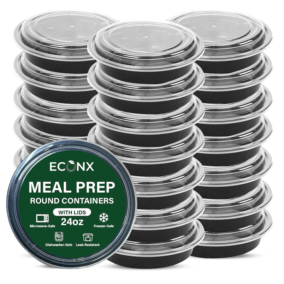 image 1 of ECONX 24oz Black Round Plastic Meal Prep Container With Lids Reusable BPA Free Food Containers 50pc
