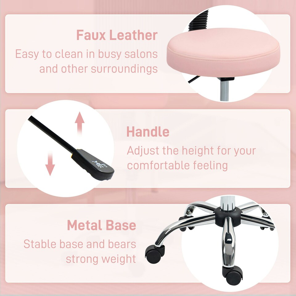 image 1 of HOMCOM Rolling Stool with Backrest, Wheels, Faux Leather Salon Chair, White 