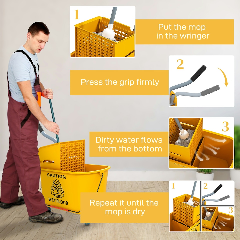 image 1 of HOMCOM Mop Bucket with Wringer on Wheels for Floor Cleaning 20 Litre Yellow