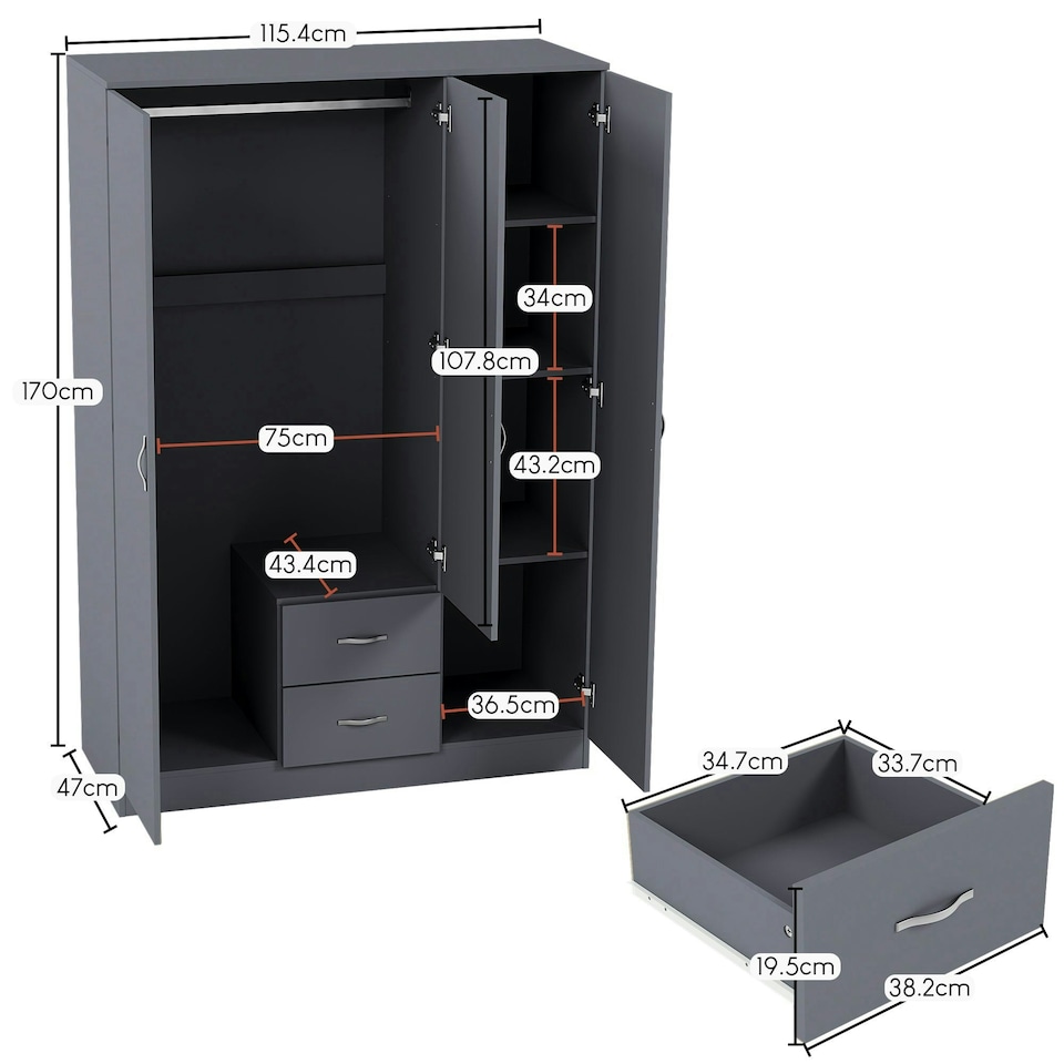 image 1 of Vida Designs Riano 3 Door 2 Drawer Mirrored Wardrobe With Shelf & Clothes Rail, Grey