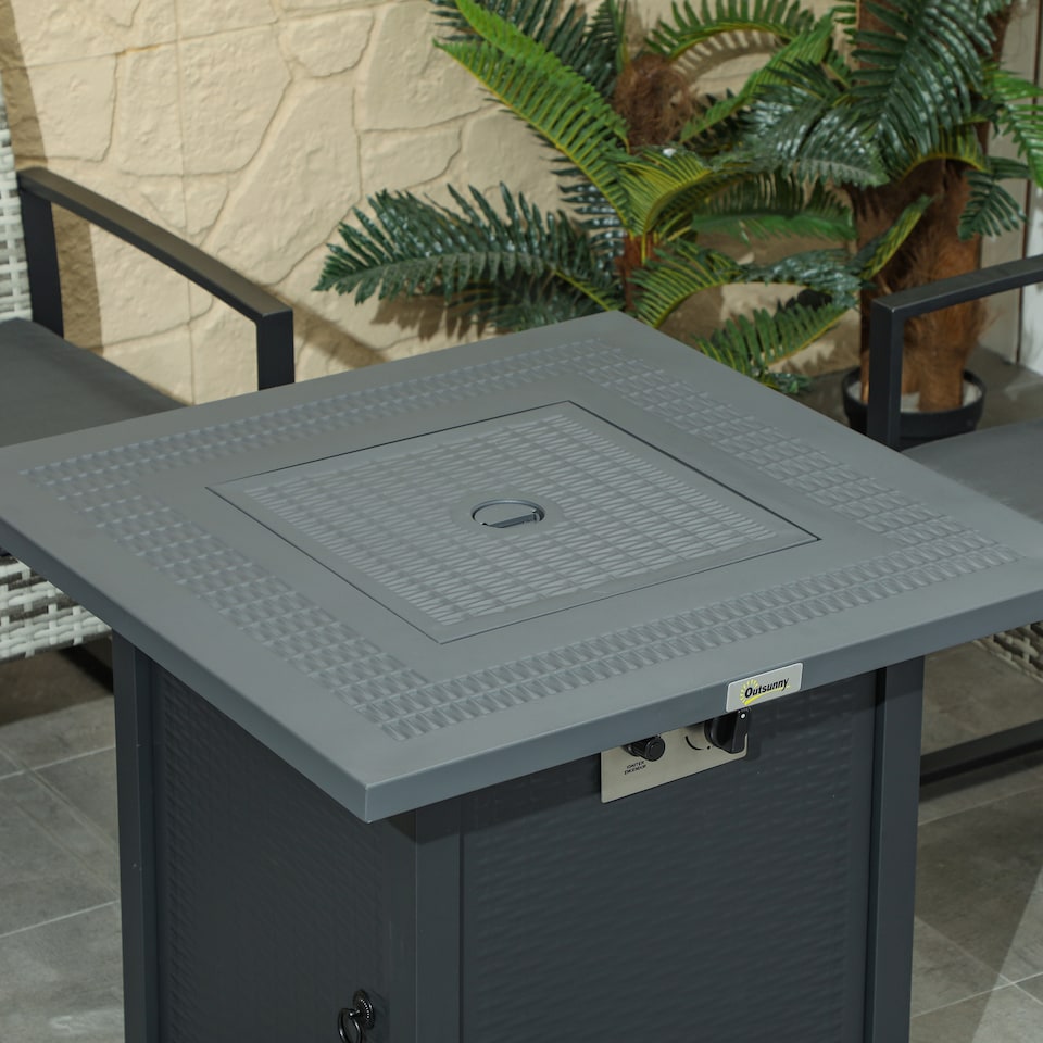 image 1 of Outsunny Outdoor Square Fire Pit Table w/ Lid and Lava Rocks Dark Grey