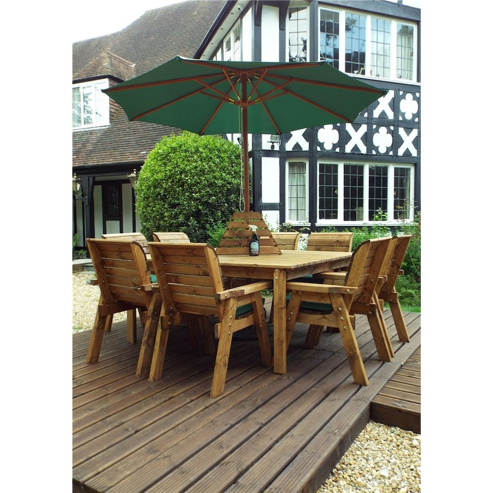 image 1 of Traditional Eight Seater Table Set with 8 x Green Chair Cushions, 1 x Green Parasol & Base & 1 x Cushion Storage Bag