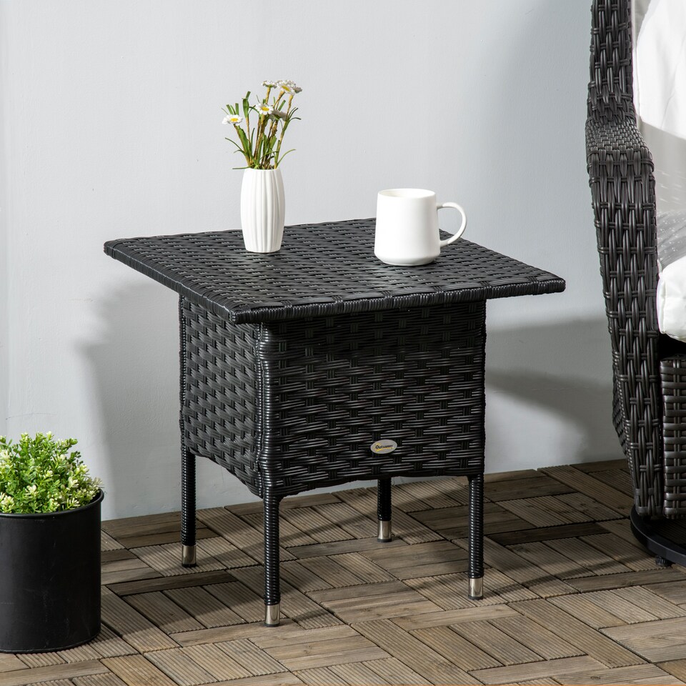 image 1 of Outsunny PE Rattan Outdoor Coffee Table, Easy Match Rattan Side Table, Black