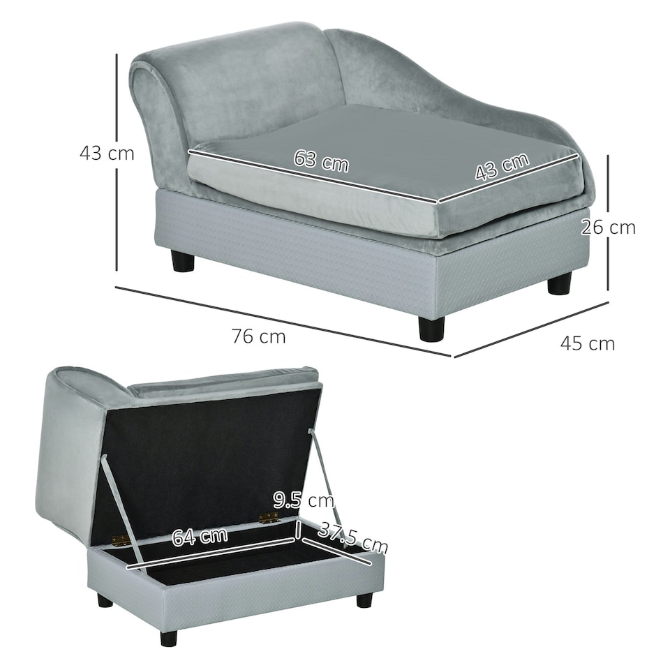 image 1 of PawHut Pet Sofa Dog Chair Cat Couch w/ Storage, Cushion - Light Grey