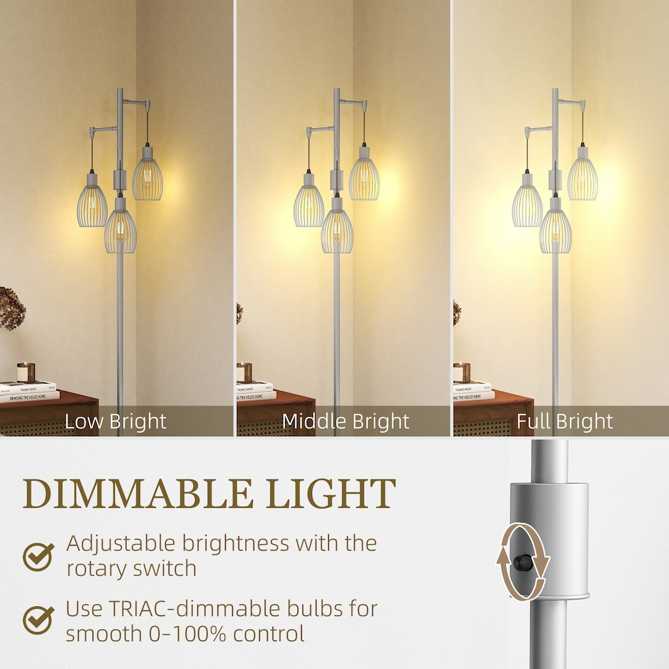 image 1 of HOMCOM Industrial 3-Light Floor Lamp Dimmable Standing Lamp, Silver Tone