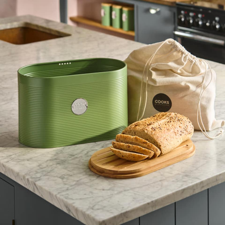 image 1 of Cooks Professional Ribbed Bread Bin, Linen Bag & Bamboo Board Set with Silver Label | Green | Green & Silver | 1