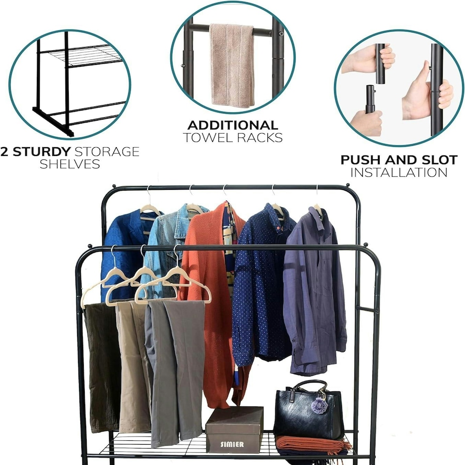 image 1 of Double Clothes Rail Heavy Duty Metal with Shoe Rack Garment Hanger Hat Bag Hooks Black | One Size