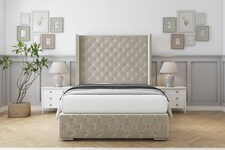 Sloomy Arundel Cream Plush Bed Frame With Mattress With 50" Upholstered Wingback Headboard 5' King