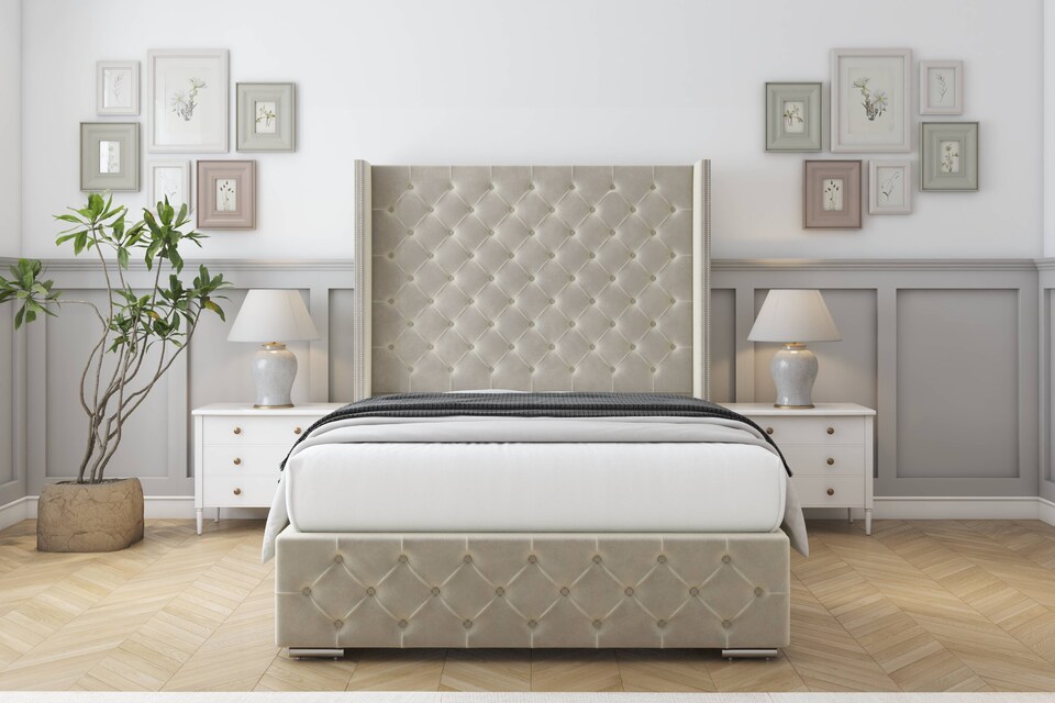 image 1 of Sloomy Arundel Cream Plush Bed Frame With Mattress With 50"  Upholstered Wingback Headboard 5' King