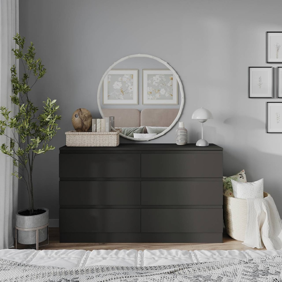 image 1 of Minimalist Chest of 6 Drawers - 68.6x120x35cm | Black | Black & Black | 1