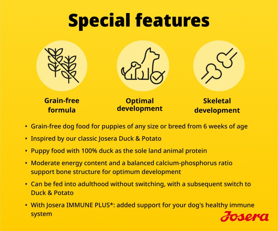 image 1 of Josera Junior Duck & Potato complete dog food | All puppy sizes | Single meat protein | Grain-free | Immune Plus | Salmon oil | Joint support | 3kg