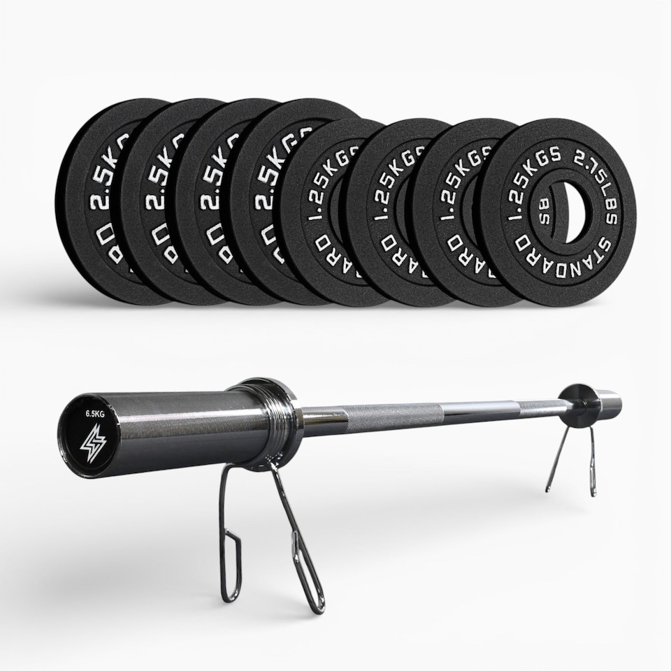 image 1 of GYM SETS UK  Cast Iron Weight Plates- (15kg Fractional Set / With 4ft Barbell + Clips)