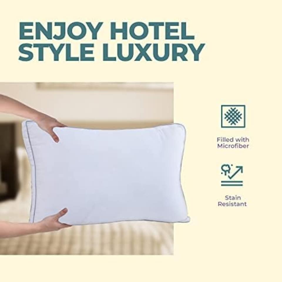 image 1 of 100% Egyptian Cotton Bed Pillow Extra Filling for The Best Sleep Hypoallergenic Dust Mite Resistant Hotel Pillows - Pack of 2