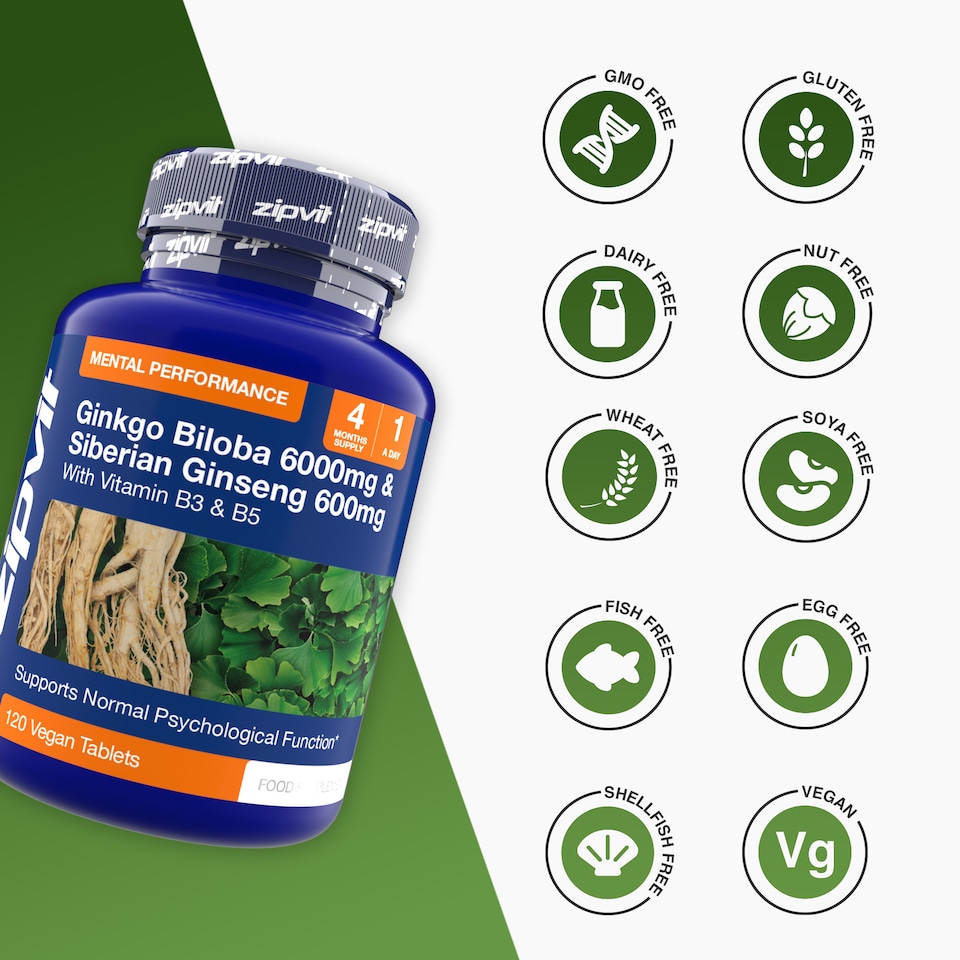 image 1 of Zipvit Ginkgo Biloba 6000mg & Siberian Ginseng 600mg with Vitamin B3 & B5, Energy & Mental Performance, 120 Vegan Tablets, 4-Month Supply
