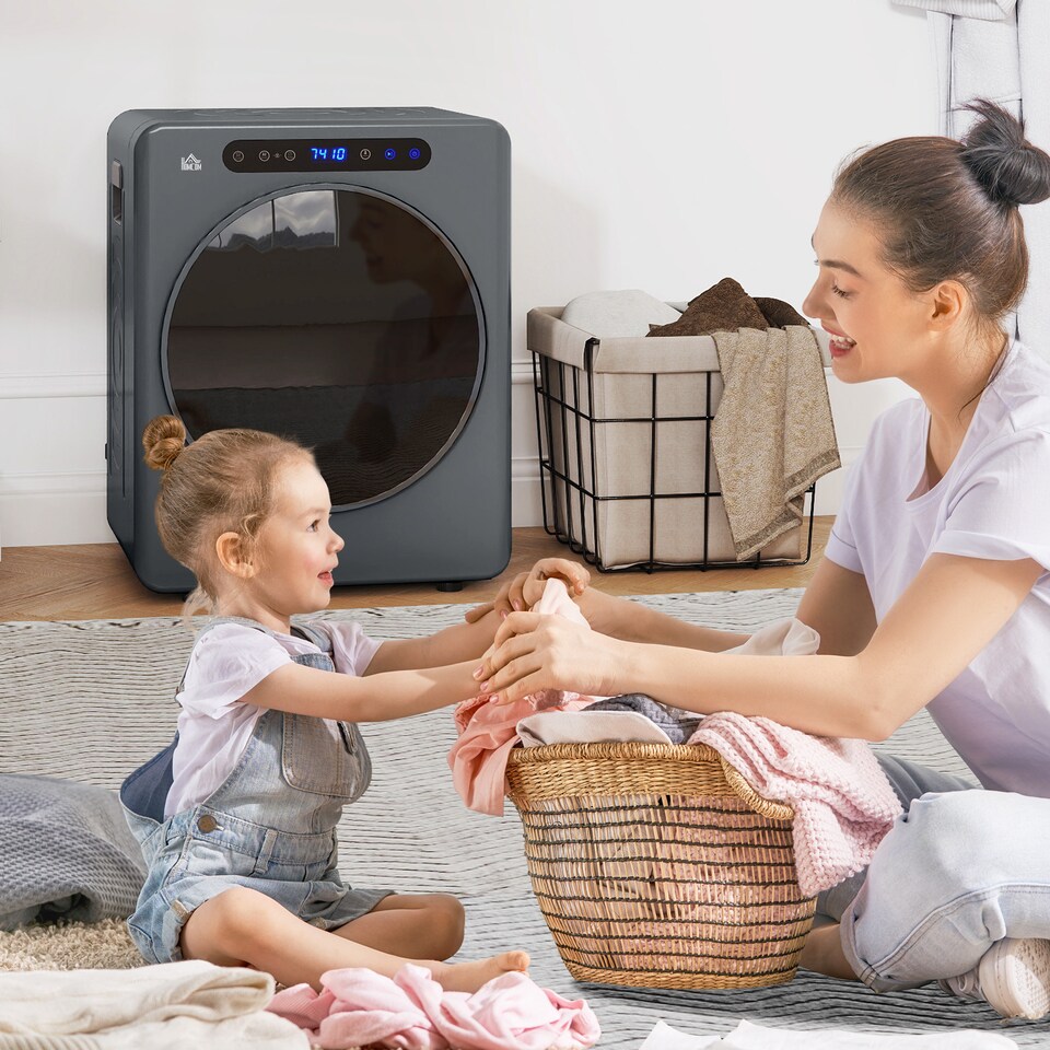 image 1 of HOMCOM 4kg Vented Tumble Dryer, 1000W Compact Freestanding Front Tumble Dryer with Stainless Steel Tub, Timer, 6 Heat Settings, Small Portable Clothes Drying Machine, Grey