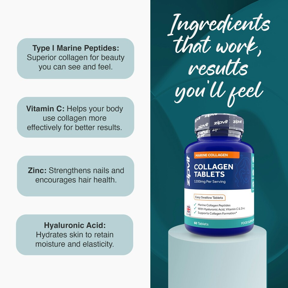image 1 of Zipvit Marine Collagen 1200mg with Hyaluronic Acid, Vitamin C & Zinc, Hair, Skin & Joint Support, 60 Tablets, 1-Month Supply