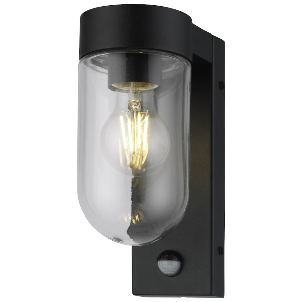 image 1 of CGC Rowan PIR Motion Sensor Black Outdoor Wall Lantern Light, IP54, Clear Diffuser