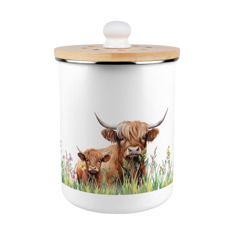 image 1 of Highland Cow & Calf Food Waste Caddy - Enamel 2L Kitchen Compost Bin