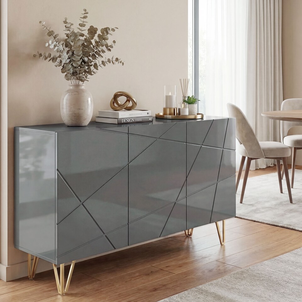 image 1 of HOMCOM Storage Cabinet, Sideboard with Adjustable Shelves, High Gloss Grey
