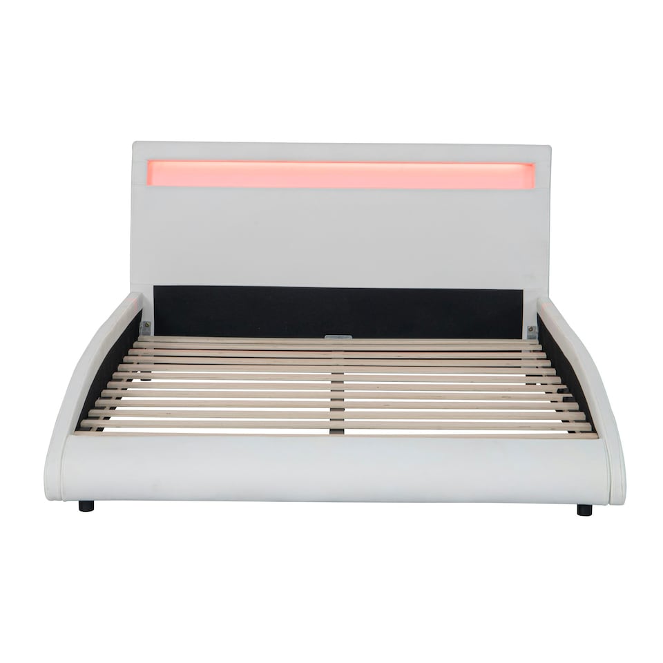image 1 of Neptune LED Lights Headboard Gaming Style White Faux Leather Bed Frame (Double) | White | White | Double