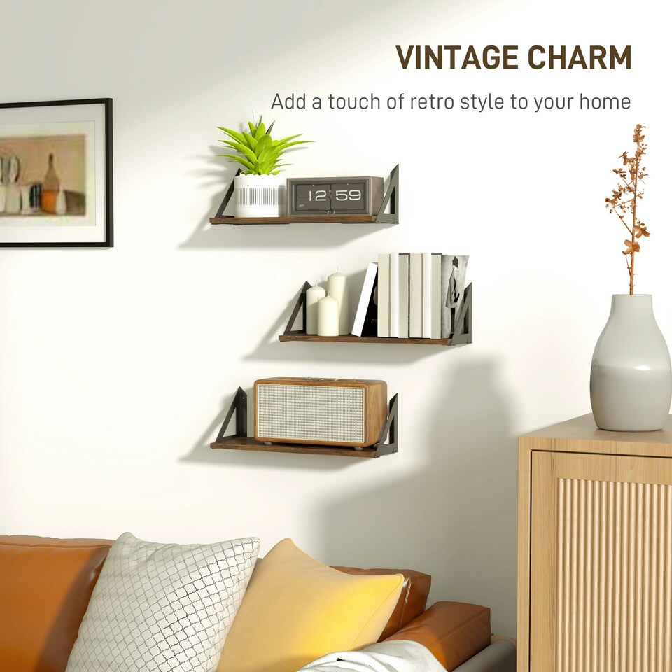image 1 of HOMCOM Set of 3 Vintage Wall Shelves for Living Room Rustic Brown