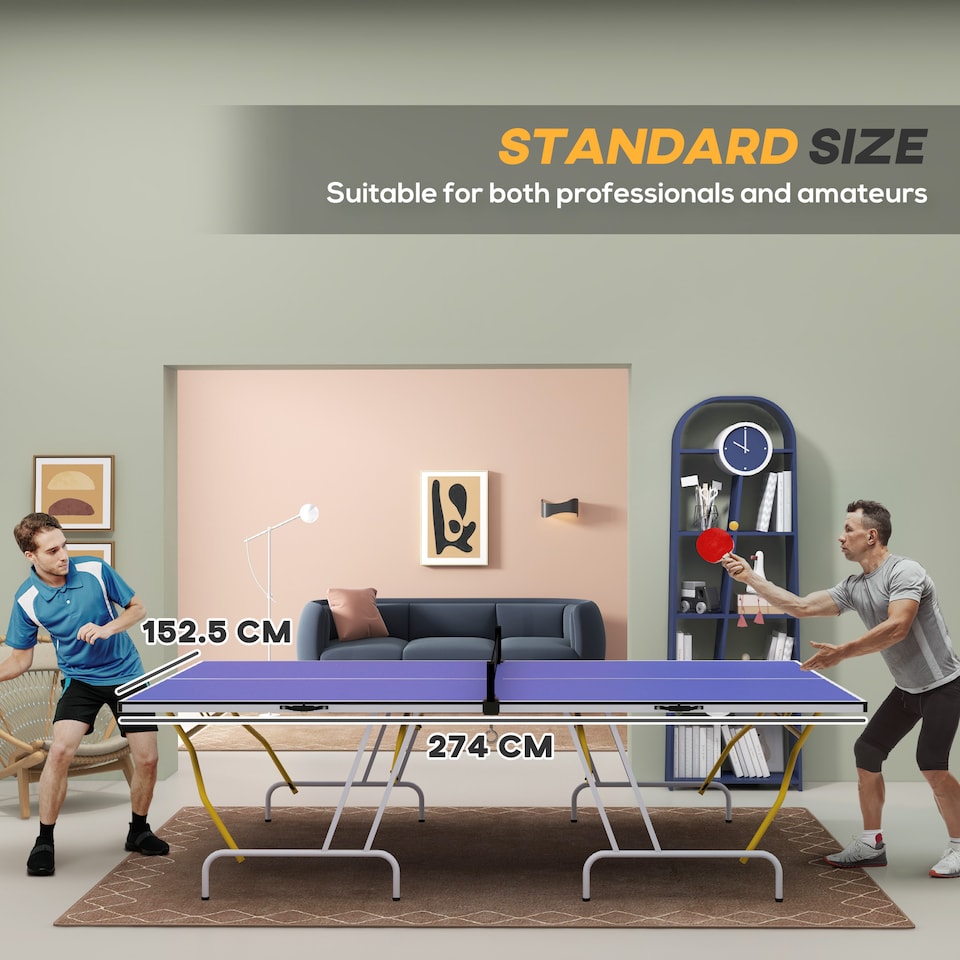 image 1 of SPORTNOW 9FT Foldable Table Tennis Table, Fold Into Quarters, Indoor Portable Full Size Ping Pong Table with Cover, Net, Paddles, Balls, Blue