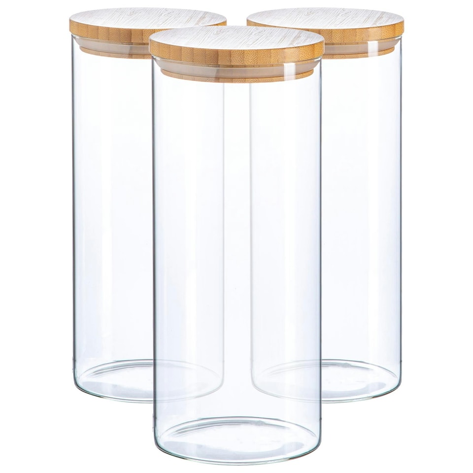 image 1 of Argon Tableware Scandi Glass Storage Jars with Wooden Lids - 1.5 Litre - Pack of 3