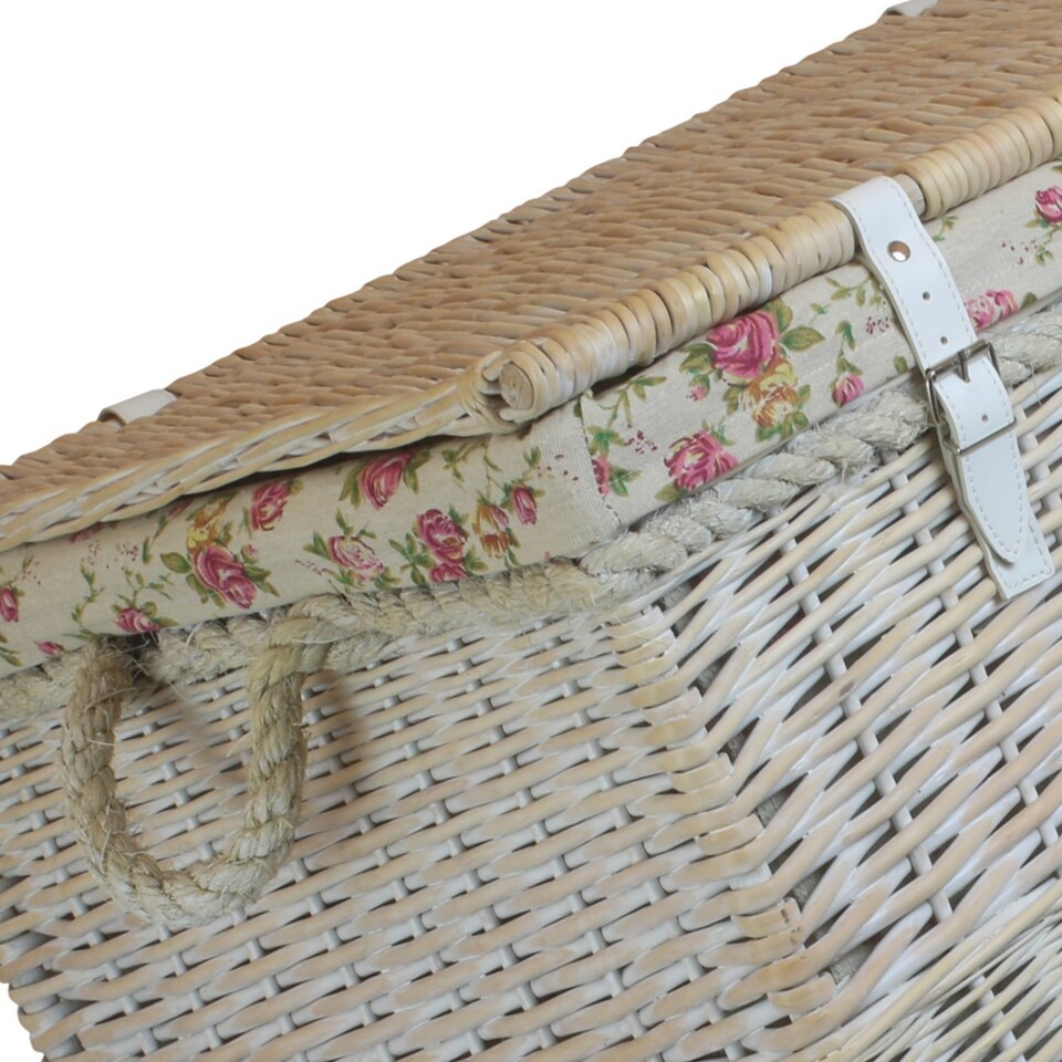 image 1 of Large White Wash Storage Hamper With Garden Rose Lining Wicker Basket | Multi | Garden Rose | L