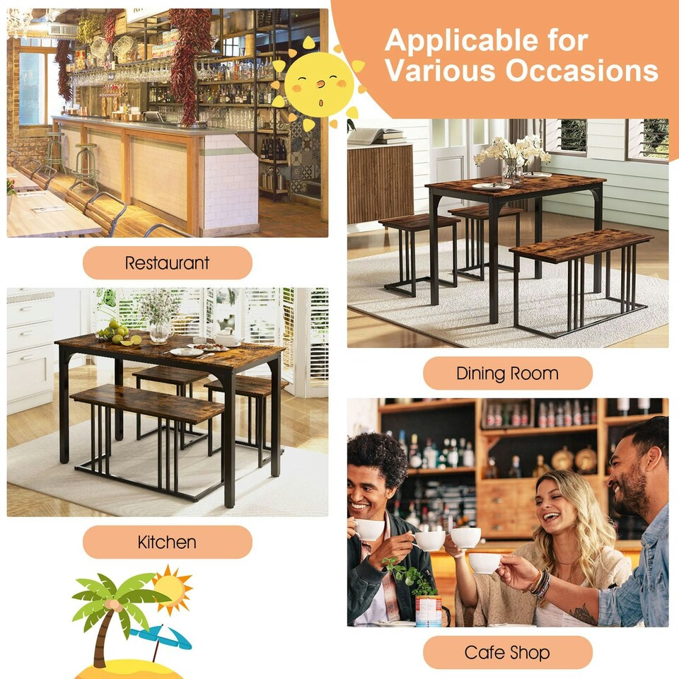 image 1 of COSTWAY 4-Piece Dining Table Set W/ Bench & 2 Stools Brown
