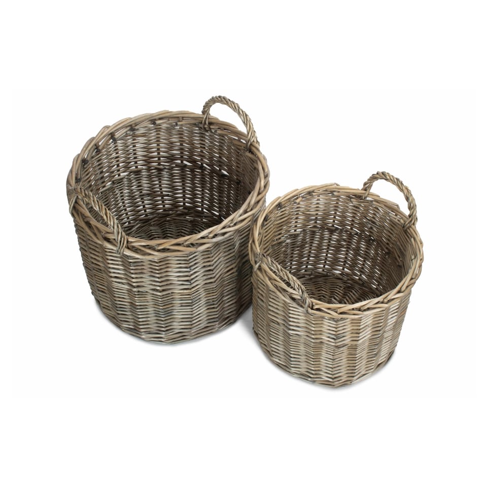 image 1 of Set of 2 Round Straight-Sided Wicker Log Storage Basket