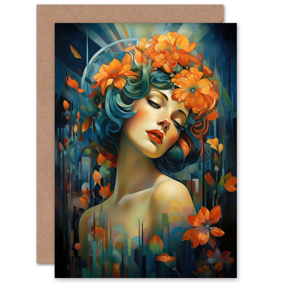image 1 of Woman Portrait Flowers Modern Deco Birthday Card