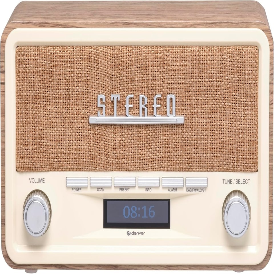 image 1 of Vintage Style Stereo DAB/DAB+ & FM Radio – Grey Wood Cabinet, Bluetooth, Clock Radio Alarm, AUX IN for Smart Phone/Tablet / MP3 Player – Mains or Battery