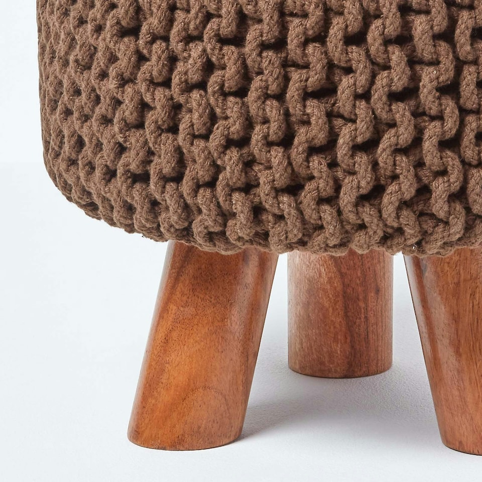 image 1 of Homescapes Chocolate Brown Tall Cotton Knitted Footstool on Legs