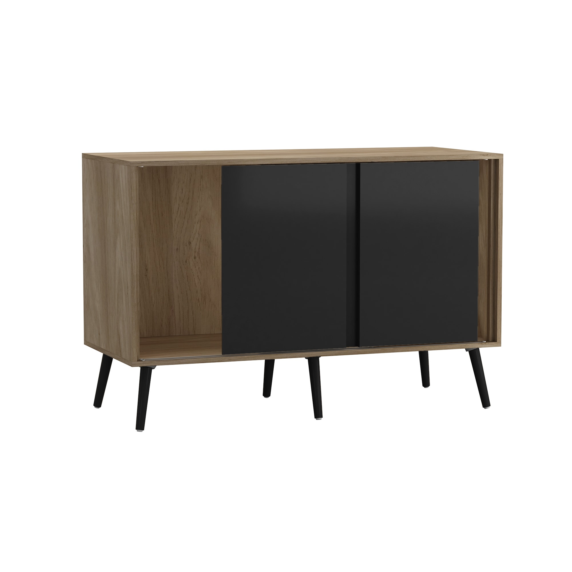 URBNLIVING Oak Carcass 3 Door Sliding Storage Cabinet Multi Black Doors & Black Legs 1