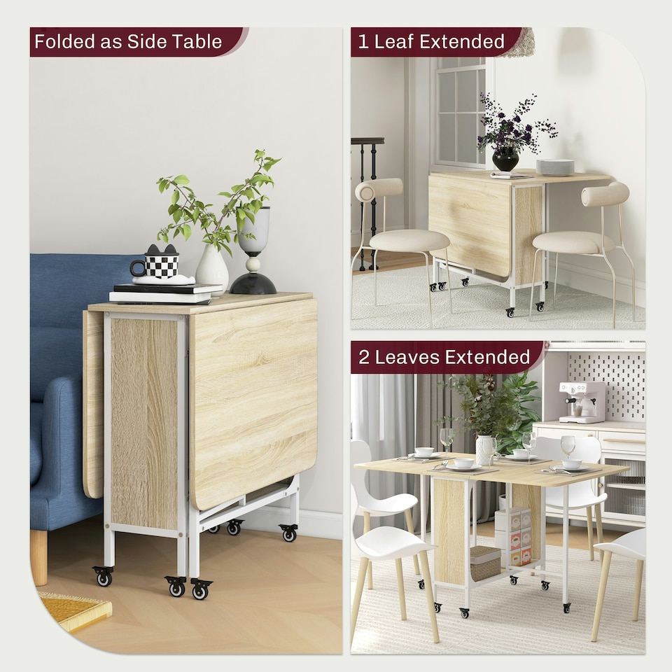 image 1 of HOMCOM Mobile Drop Leaf Dining Table on Wheels with Storage Shelf Natural