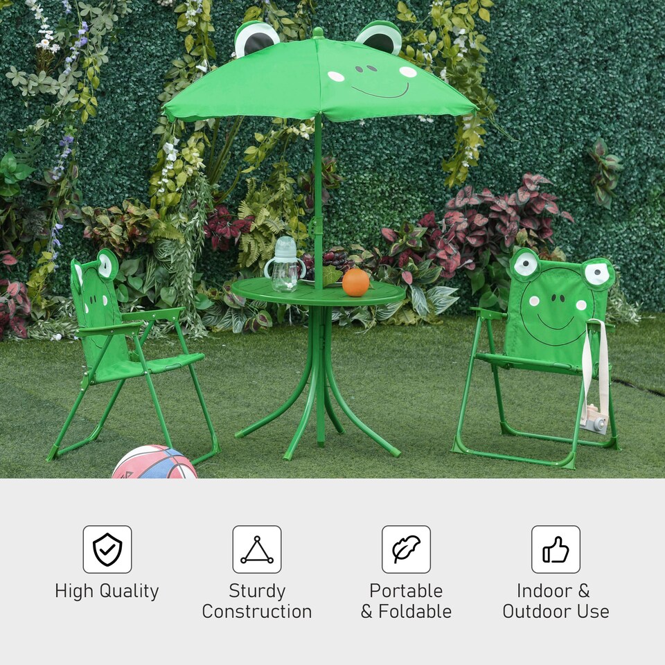 image 1 of Outsunny Foldable Patio Kids Metal Picnic Table w Frog Umbrella Green 4-piece