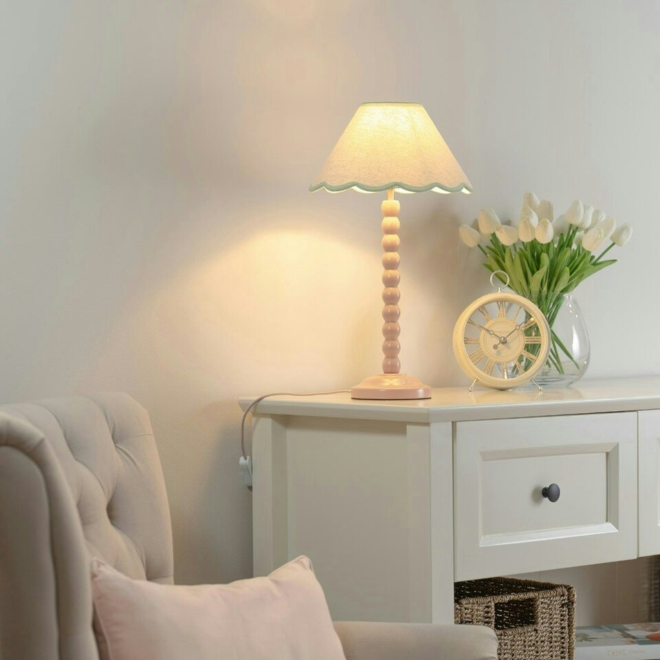 image 1 of ValueLights Bobbles Rose Pink Bobbin Table Lamp with Green Trim Scallop Shade